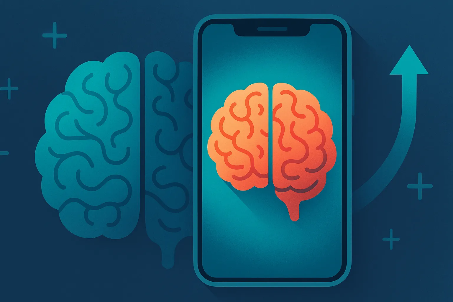 Stylised smartphone displaying a glowing brain, with a larger brain silhouette and upward arrow, symbolising how digital engagement can boost cognition.